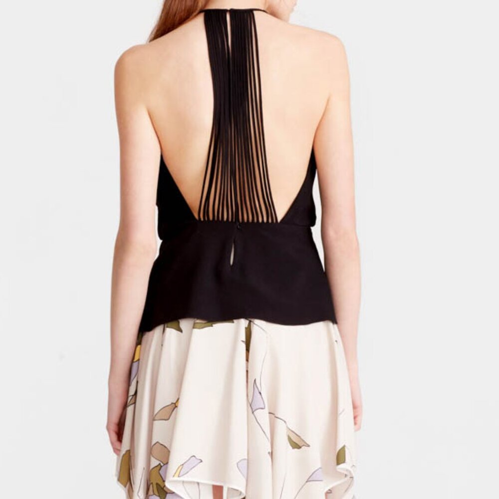 Halston Heritage Fringe Black Halter Blouse Top Medium 6